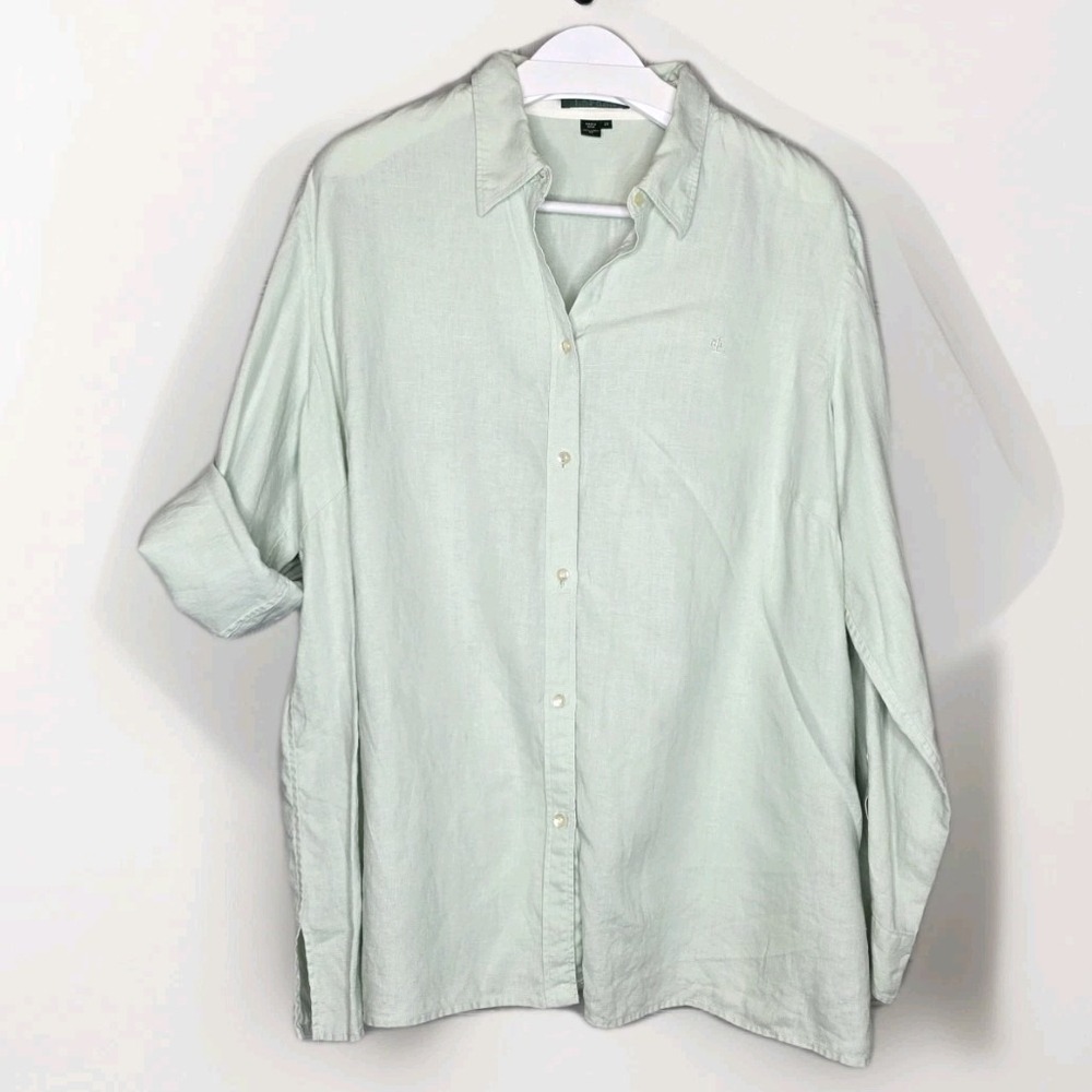 Lauren Ralph Lauren Relaxed Fit Linen Roll Tab–Sleeve Shirt Pale Green Sz 2X